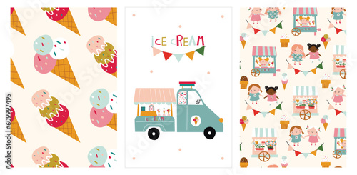 collection of prints and patterns with ice cream van, ice cream fair and kids.  cute collection of illustrations for decorating birthdays, holidays and themed kids parties.