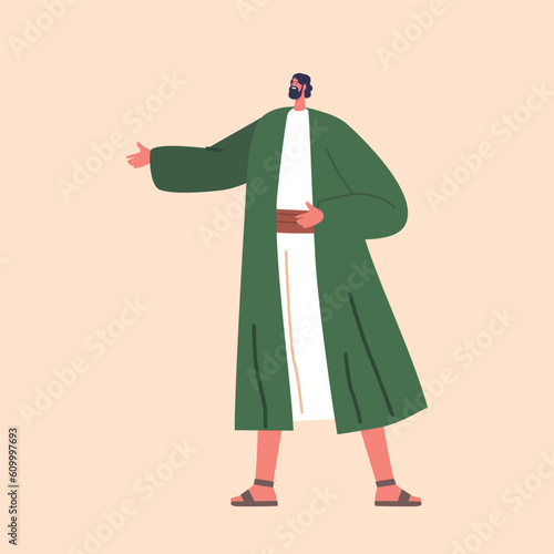 Ancient Israelite Man With Beard In Traditional Clothing And Sandals Stand Full Height. Historical Or Biblical Character
