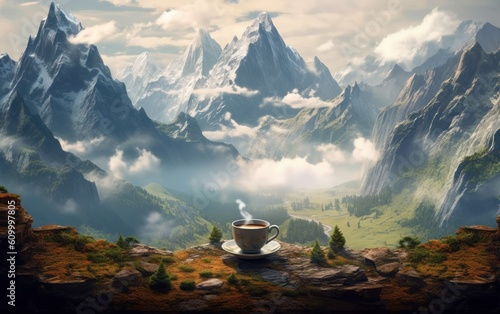 A beautiful landscape of mountains with a cup of coffee on a rock suggests peace. AI generated