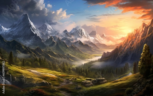 Mountains landscape with crisp mountain air in Sunset. AI generated