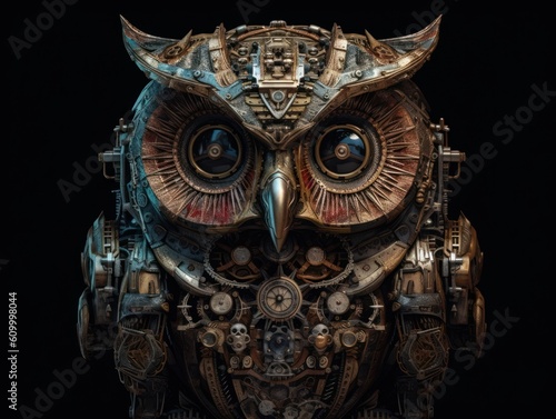 Abstract fantasy colorful mechanical owl background created with Generative AI technology. © Denis Darcraft