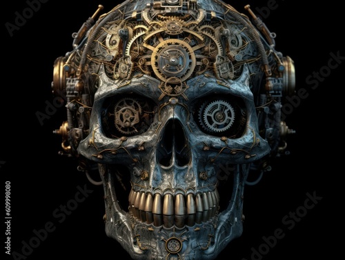 Abstract fantasy colorful mechanical skull background created with Generative AI technology.