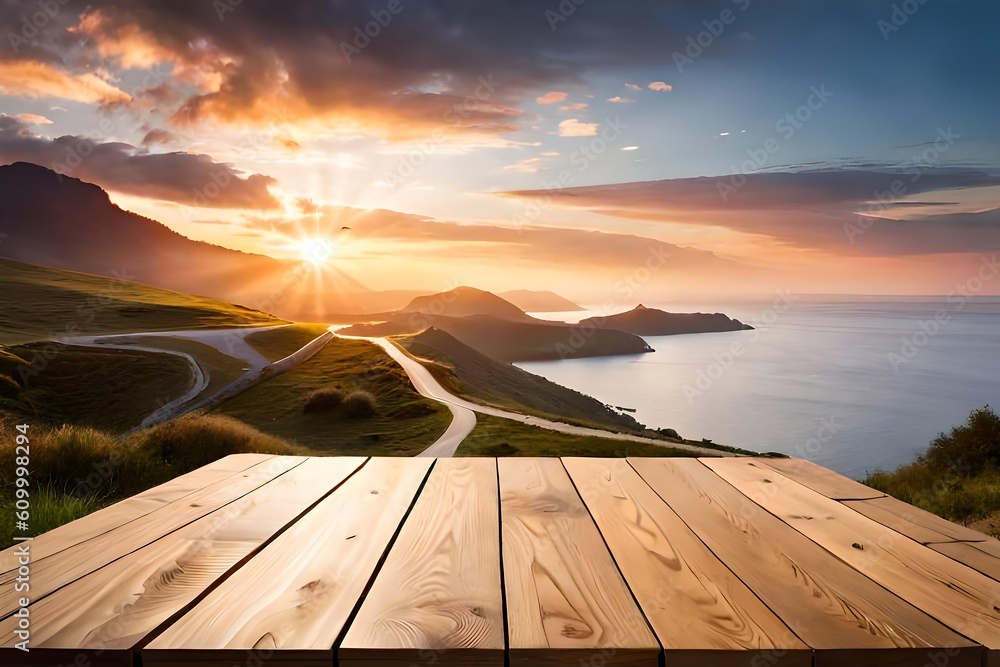 Wooden table top with mountain landscape sunset background
