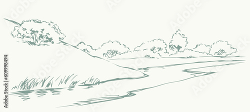 Vector drawing. Summer river scene