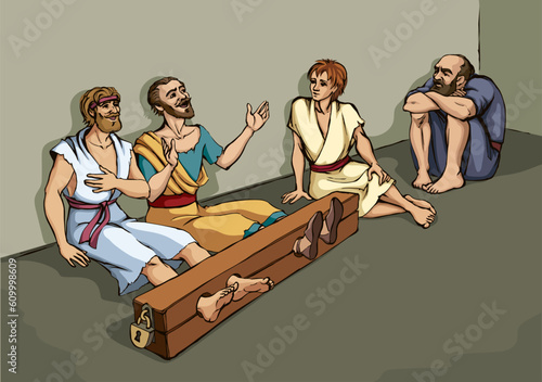 Paul and Silas in prison. Vector drawing