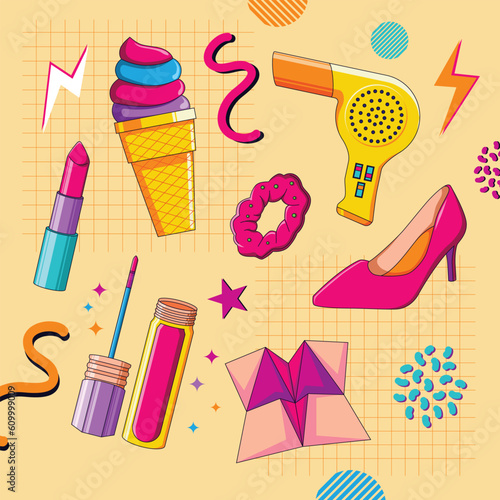 90's 80's Women Stuffs High Heels, Ice Cream, Hair Dryer, Lipstick, Lip Gloss, Hair Ribbon and Paper Play Origami with Colorful Memphis Background