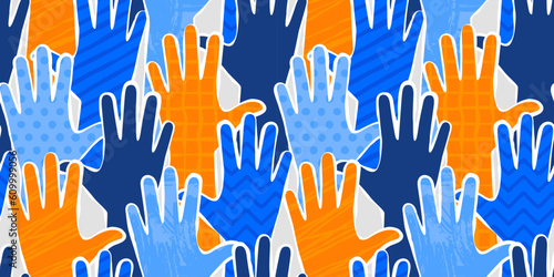 Colorful diverse people hand abstract art seamless pattern. Multi-ethnic community raised hands, cultural diversity group crowd background illustration in modern collage painting style with arms up.