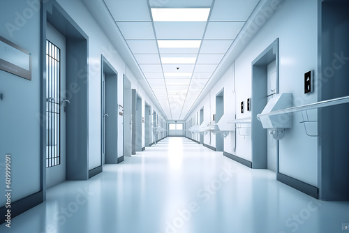 Medicine concept. Hospital corridor with rooms. 3D illustratio