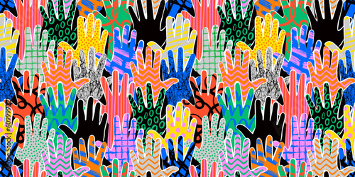 Colorful diverse people hand abstract art seamless pattern. Multi-ethnic community raised hands, cultural diversity group crowd background illustration in modern collage painting style with arms up.
