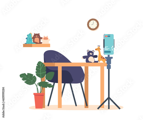 Streamer Workplace with Table, Various Plush Toys and Smartphone on Holder for Recording Video Tutorials