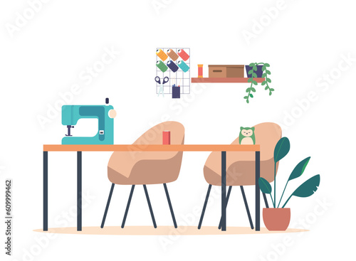 Cozy, Organized, And Filled With Sewing Machines, And Crafting Supplies. Sewing Studio Interior, Vector Illustration © Pavlo Syvak