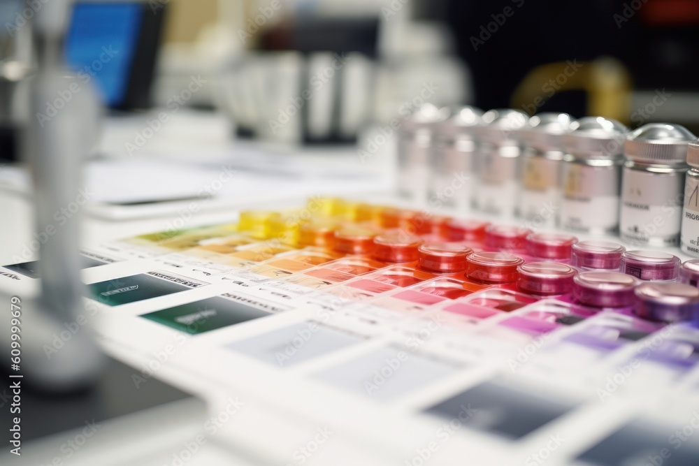 Fototapeta premium close up view of a color samples veer laying on a table in a modern office, ai tools generated image