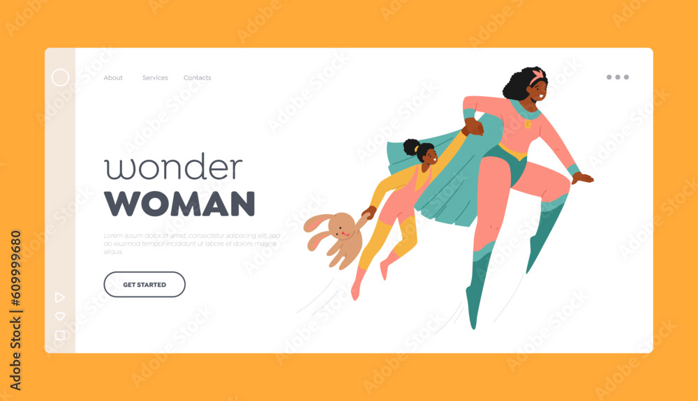 Wonder Woman Landing Page Template. Superhero Mother Character with Daughter. the Best Mom Protects Her Kid Wonder Woman Landing Page Template. Superhero Mother Character with Daughter. the Best Mom Protects Her Kid
