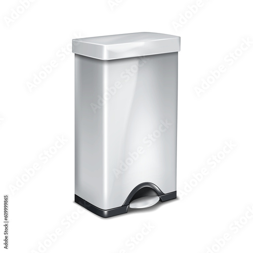 Pedal dustbin with hinged lid vector mockup. Blank dust bin isolated on white background mock-up. Garbage waste container, trash can realistic template