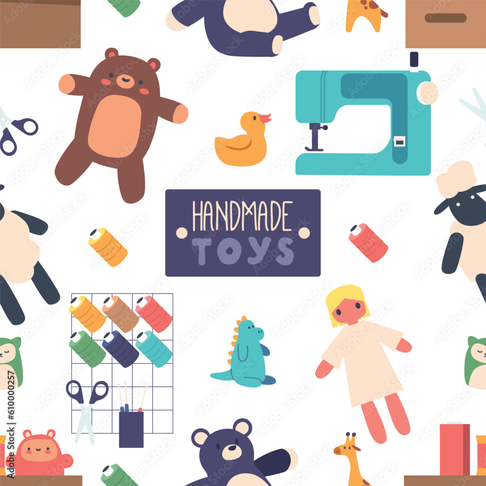 Obraz premium Whimsical And Playful Seamless Pattern Features A Variety Of Toy Sewing Elements, Including Cute Dolls