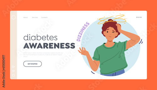 Diabetes Awareness Landing Page Template. Female Character Feel Dizziness, that Can Be A Symptom Of Diabetes