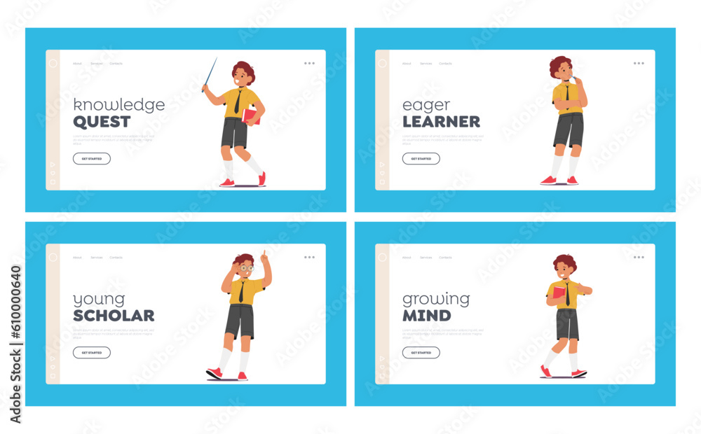 School Boy Landing Page Template Set. Young Scholar Character Different Poses and Expressions. Child Thinking