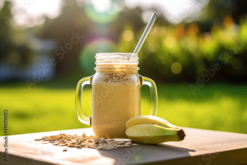 composition of glass jar with banana and oatmeal smoothie on the wooden table. outside sunny view with green grass background, Generative AI