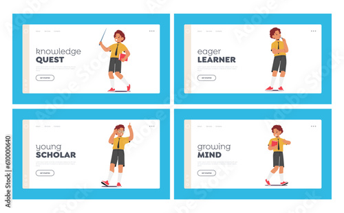 School Boy Landing Page Template Set. Young Scholar Character Different Poses and Expressions. Child Thinking