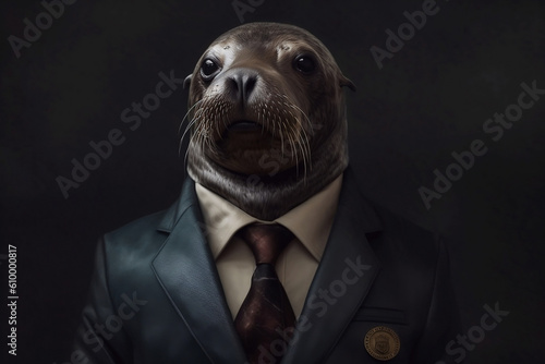 Portrait of a Seal dressed in a formal business suit  created with generative AI