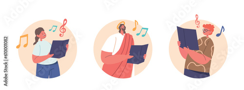 Isolated Round Icons Jesus And Children Sing Chorals, Holding Notes In Their Hands. Joyful Melodies Fill The Air