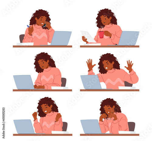 Woman Working On Laptop Expresses Range Of Emotions Such As Concentration, Frustration, Joy, Determination