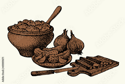 Vector still life. Traditional Slavic food: potatoes in a clay pot