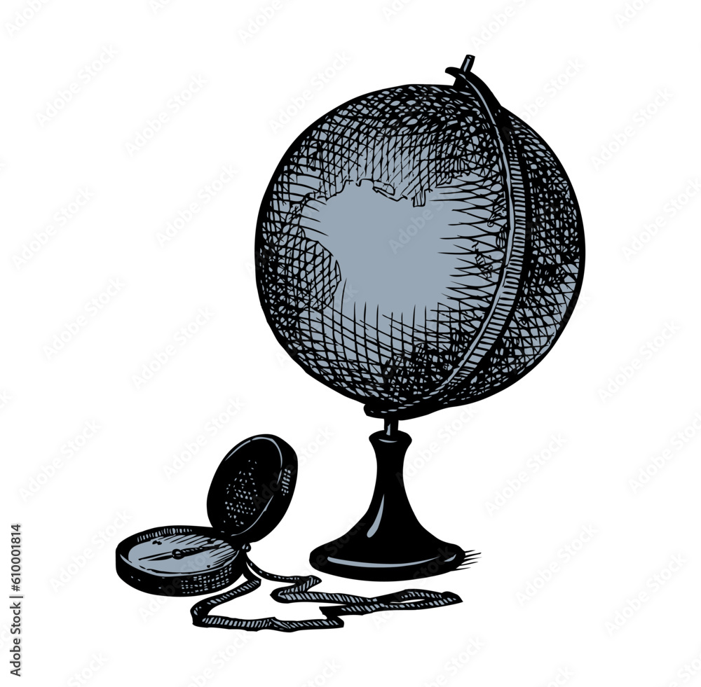 Obraz premium Vector still life: a globe, books, map and compass