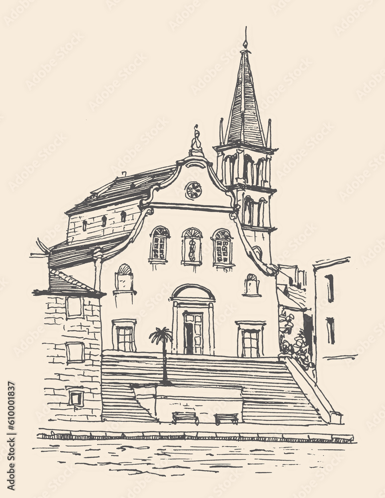 Travel sketch of Milna, Croatia in retro style. Hand drawing of the old town. Historical building line art. Hand drawn travel postcard. Urban sketch in black color isolated on a beige background.