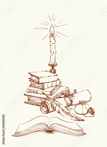 Vector drawing. Books and a candle in a candlestick