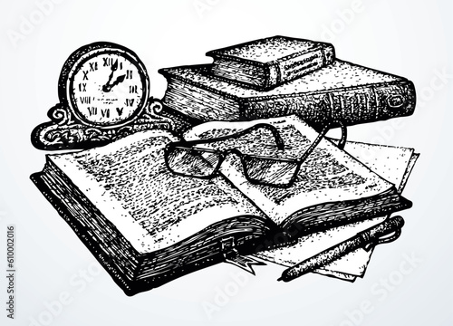 Vector still life. Old books, paper, pen and clock © Marina