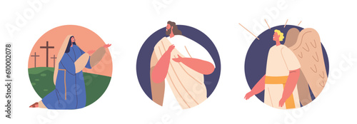 Isolated Round icons with Maria Magdalena, Angel and Jesus Resurrection Miraculous Event Where He Was Raised From Dead