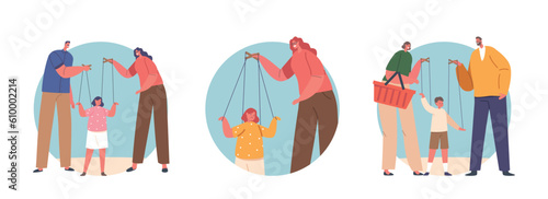 Isolated Round Icons of Parents Exert Total Control Over Their Child, Manipulating Their Actions And Decisions