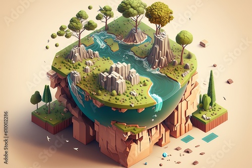 isometric 3d nature of earth with air, land and green trees generated ai