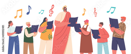 Jesus And Children Sing Joyfully, Holding Chorals With Notes In Their Hands. Harmonious Melodies Fill The Air