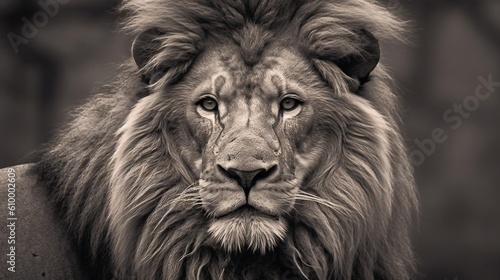  a black and white photo of a lion's face.  generative ai
