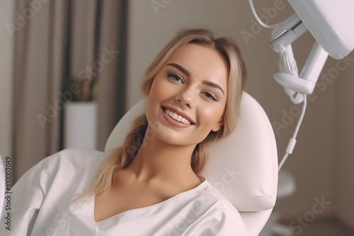 To advertise a dentist. Portrait of a beautiful girl after a dentist appointment. Dentist. Beautiful smile. Generative ai.