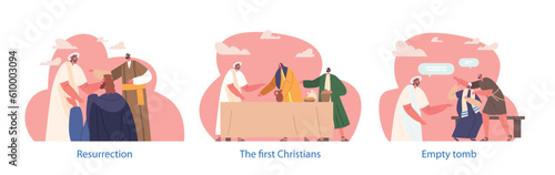 Isolated Elements with Jesus Resurrection Scenes. Messiah Reunites With His Apostles, Bringing Hope, Vector Illustration