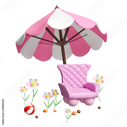 3d sofa chair with pink umbrella or parasol, flower, beach ball isolated . 3d render illustration © sirawut