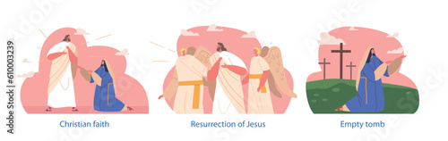 Isolated Elements with Jesus Resurrection Scenes. Pivotal Event In Christianity, It Signifies Jesus Rising From The Dead