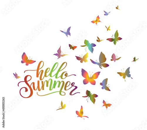 Colored flock of butterflies with lettering phrase Hello Summer. Logo design template.