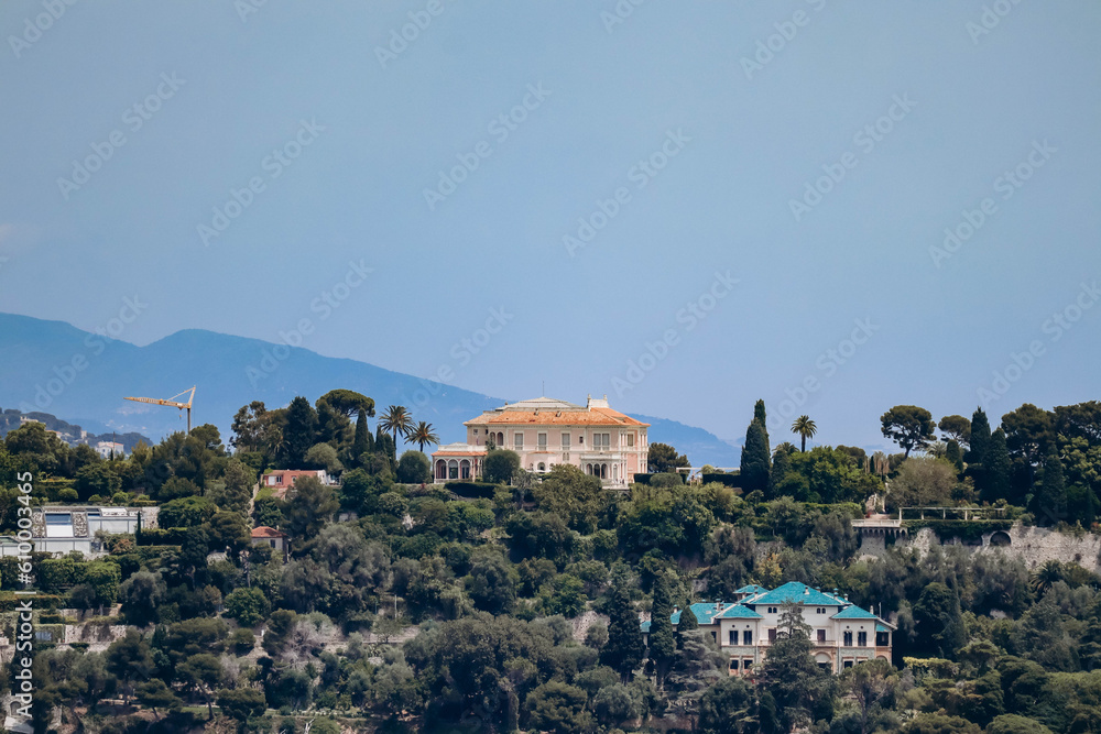 View from afar of the famous Villa Ephrussi de Rothschild on the peninsula of Saint Jean Cap Ferrat