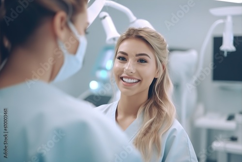 Advertise a dentist. Young female dentist. Place for text. A beautiful smile. Generative ai.