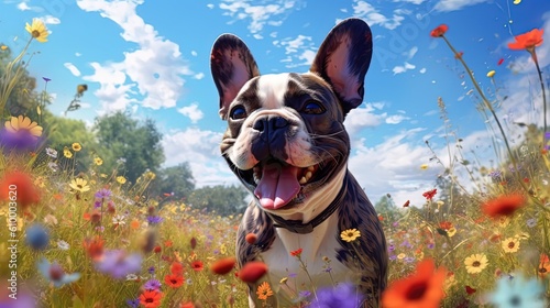 cute dog happy standing in flower field, Generative Ai