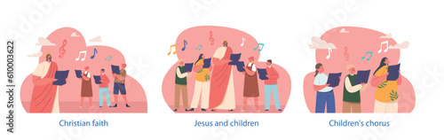 Foto Isolated Elements with Jesus And Children Singing Chorals With Notes In Their Ha