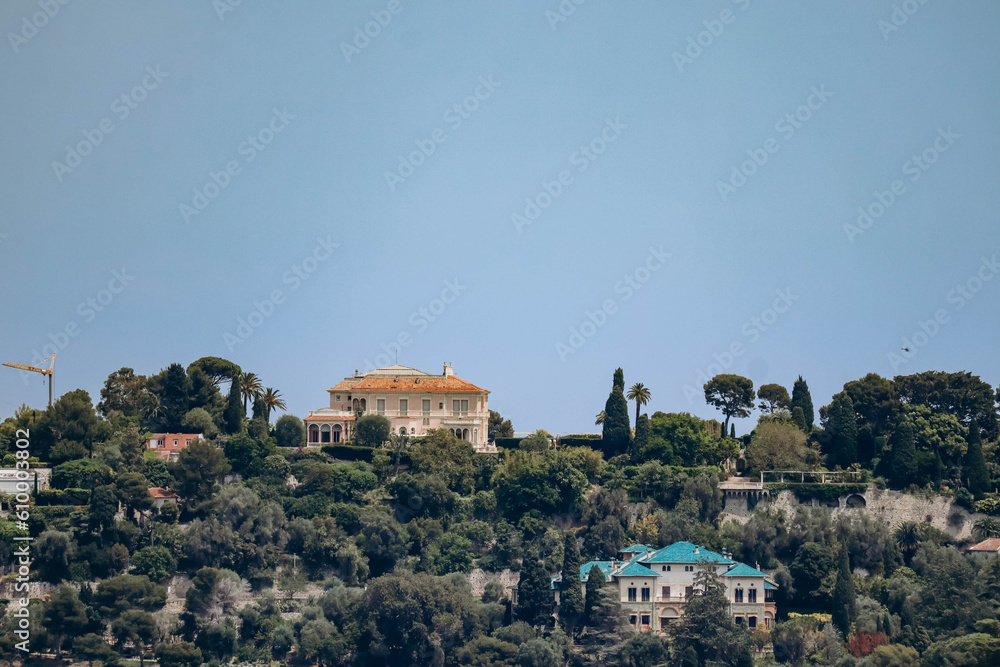 View from afar of the famous Villa Ephrussi de Rothschild on the peninsula of Saint Jean Cap Ferrat