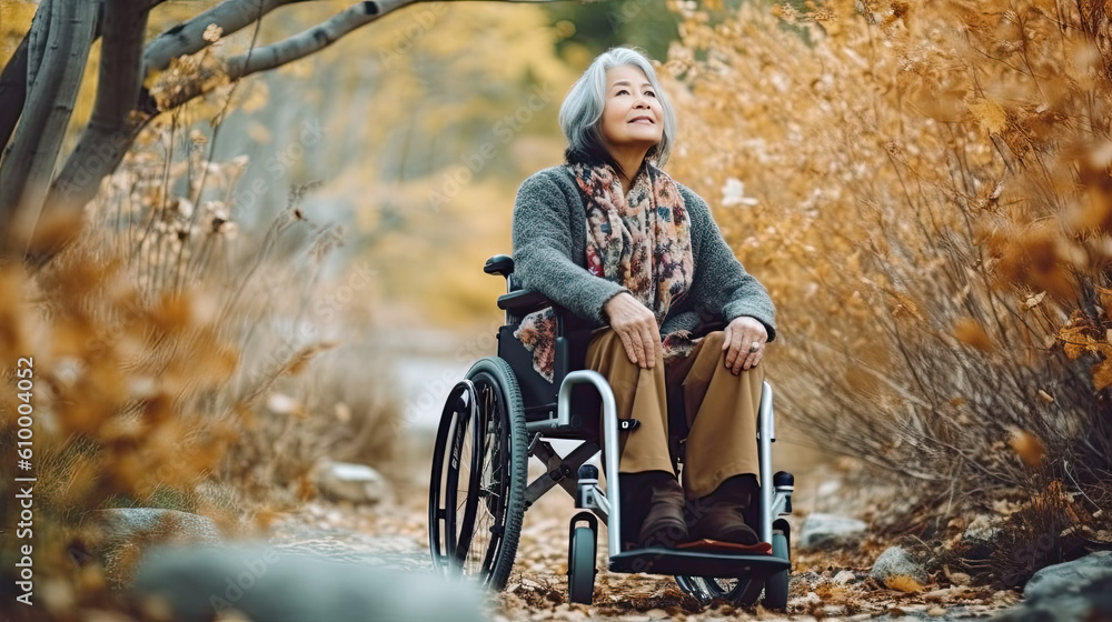 Disabled handicapped senior woman in wheelchair in public park or forest. Generative AI