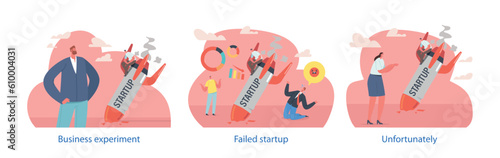 Isolated Elements with Characters and Failed Startup Rocket. Unsuccessful Venture, Financial Loss, Lack Of Market