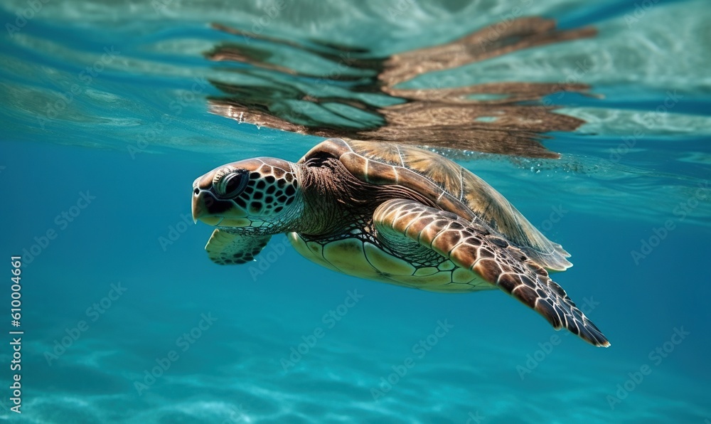 Fototapeta premium a turtle swimming in the ocean with its head above the water. generative ai