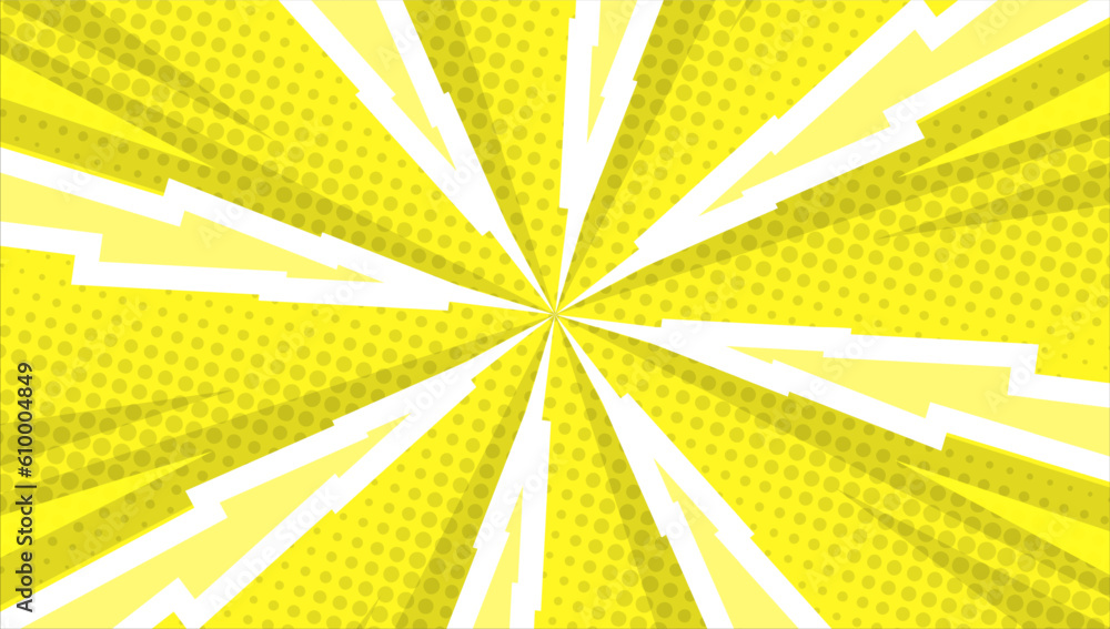Obraz premium Yellow comic background with sun burst and dot halftone 